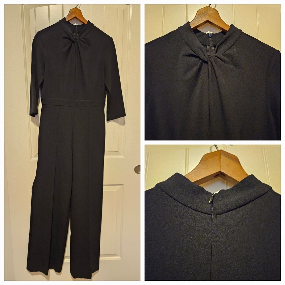Donna Morgan Navy Blue Crepe Jumpsuit Size 8 Twisted High Neck, 3/4 sleeves